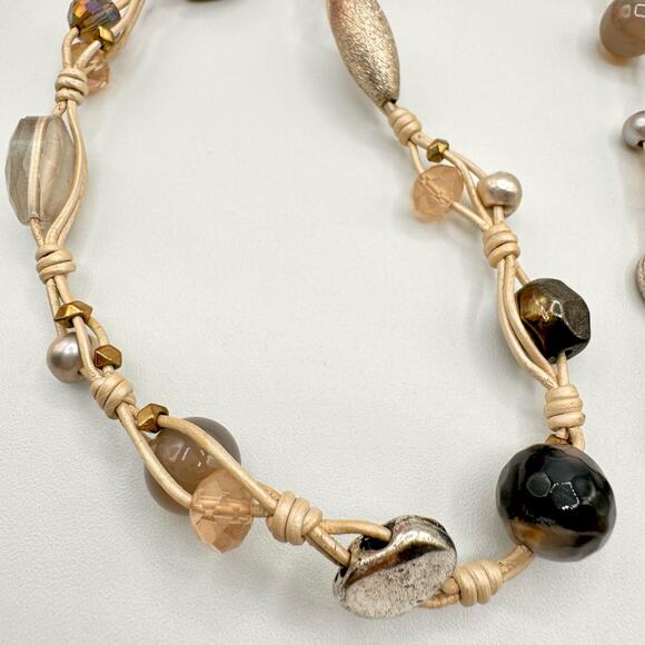 Nakamol Knotted Pearlized Leather Glass Bead Necklace Gray Tones Neutral Boho - Picture 2 of 14